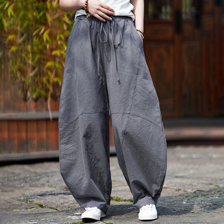 Buddha Stones Pantalon sarouel d'été décontracté en coton uni à cordon de serrage et poches - image 3
