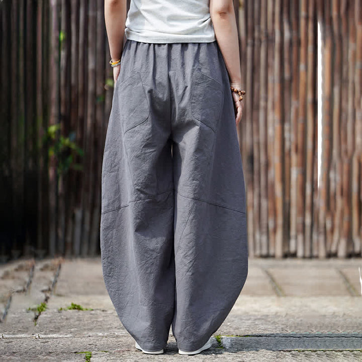 Buddha Stones Pantalon sarouel d'été décontracté en coton uni à cordon de serrage et poches - image 4