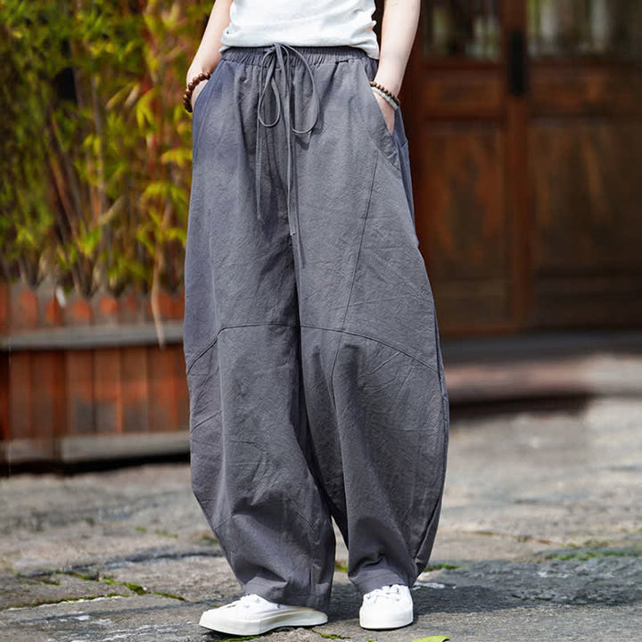 Buddha Stones Pantalon sarouel d'été décontracté en coton uni à cordon de serrage et poches - image 1
