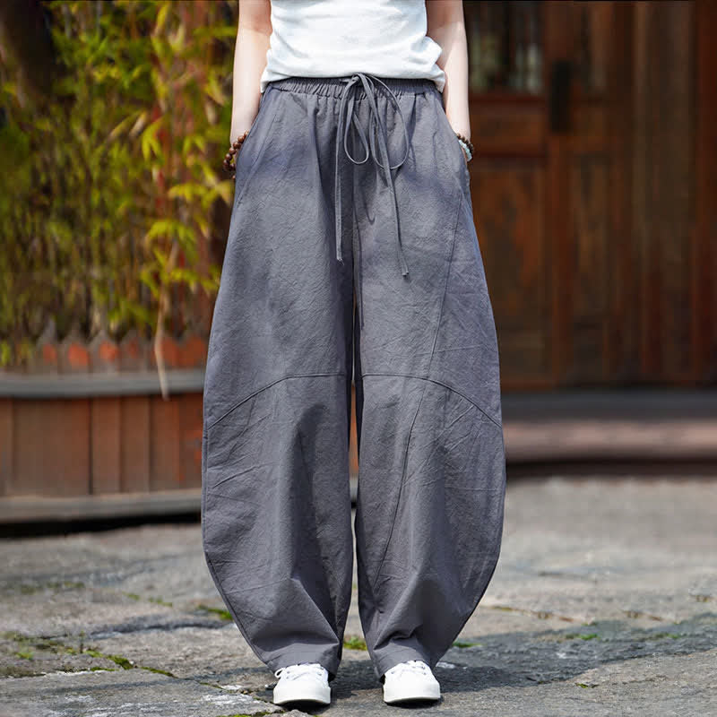 Buddha Stones Pantalon sarouel d'été décontracté en coton uni à cordon de serrage et poches - image 10