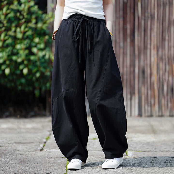Buddha Stones Pantalon sarouel d'été décontracté en coton uni à cordon de serrage et poches - image 13
