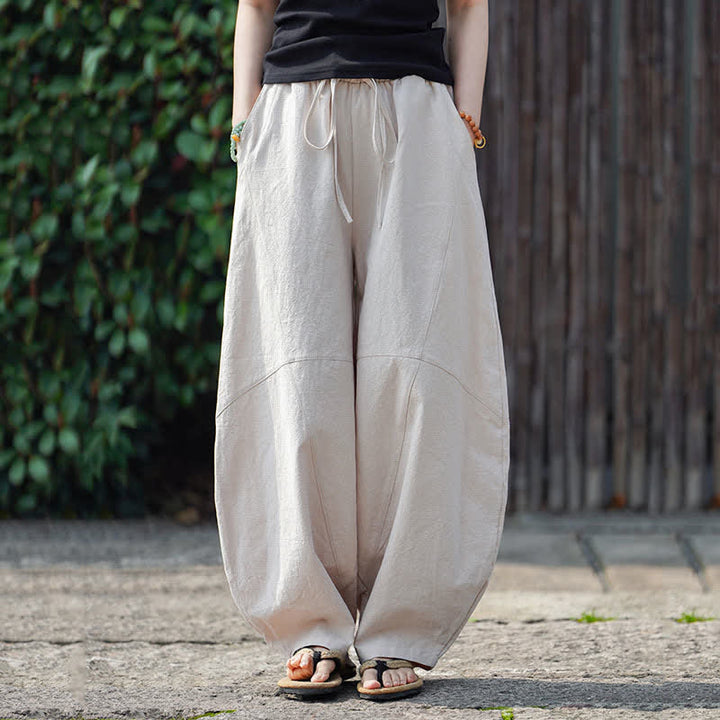 Buddha Stones Pantalon sarouel d'été décontracté en coton uni à cordon de serrage et poches - image 23