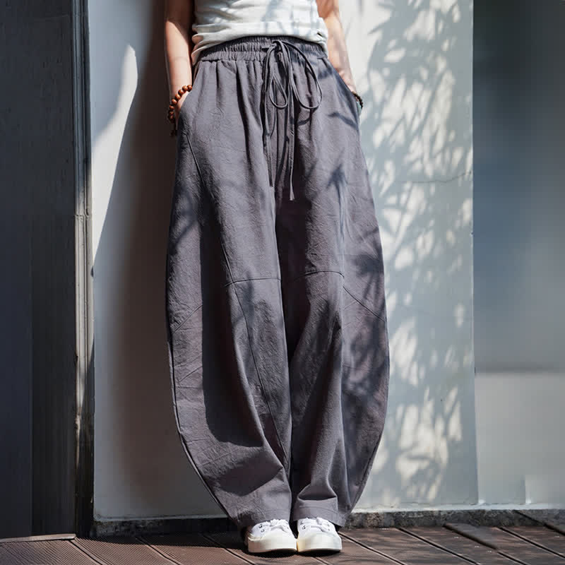 Buddha Stones Pantalon sarouel d'été décontracté en coton uni à cordon de serrage et poches - image 8