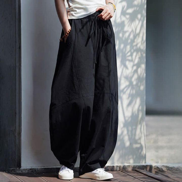 Buddha Stones Pantalon sarouel d'été décontracté en coton uni à cordon de serrage et poches - image 14