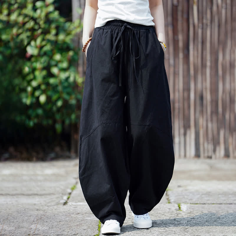 Buddha Stones Pantalon sarouel d'été décontracté en coton uni à cordon de serrage et poches - image 18