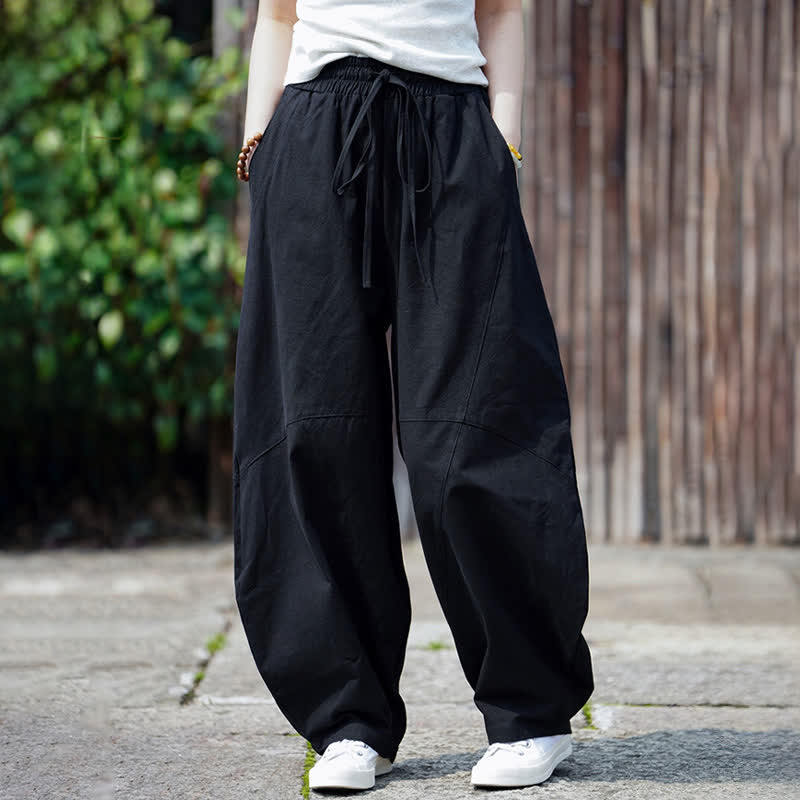 Buddha Stones Pantalon sarouel d'été décontracté en coton uni à cordon de serrage et poches - image 20