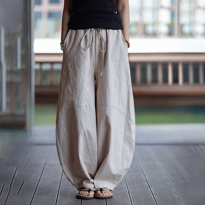 Buddha Stones Pantalon sarouel d'été décontracté en coton uni à cordon de serrage et poches - image 26