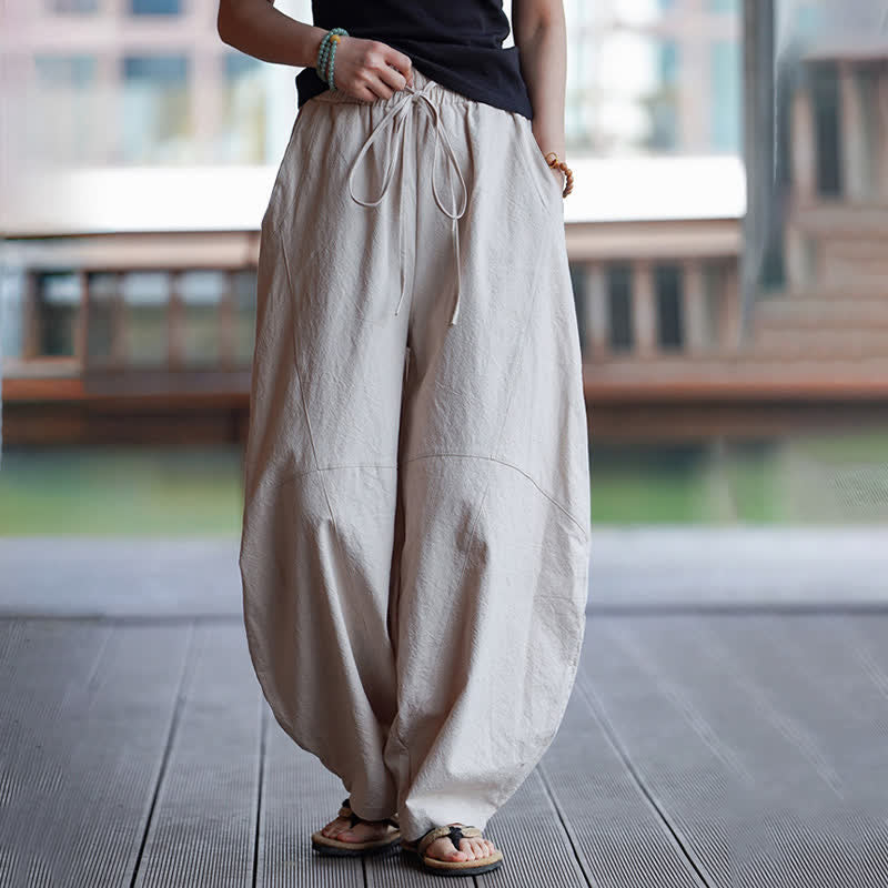 Buddha Stones Pantalon sarouel d'été décontracté en coton uni à cordon de serrage et poches - image 25