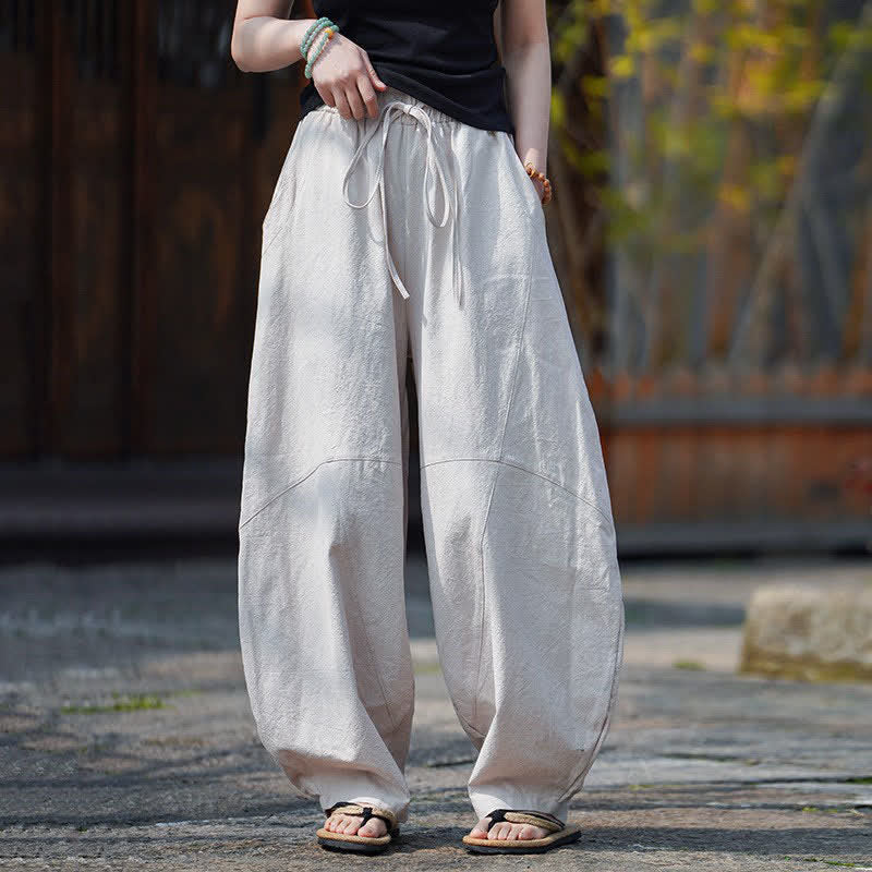 Buddha Stones Pantalon sarouel d'été décontracté en coton uni à cordon de serrage et poches - image 27