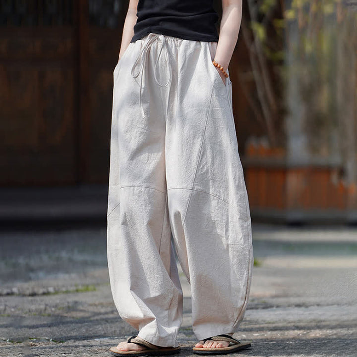Buddha Stones Pantalon sarouel d'été décontracté en coton uni à cordon de serrage et poches - image 28