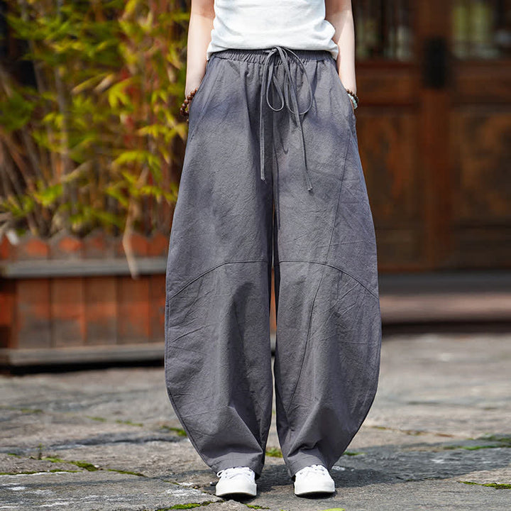 Buddha Stones Pantalon sarouel d'été décontracté en coton uni à cordon de serrage et poches - image 5
