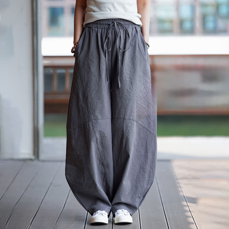 Buddha Stones Pantalon sarouel d'été décontracté en coton uni à cordon de serrage et poches - image 6
