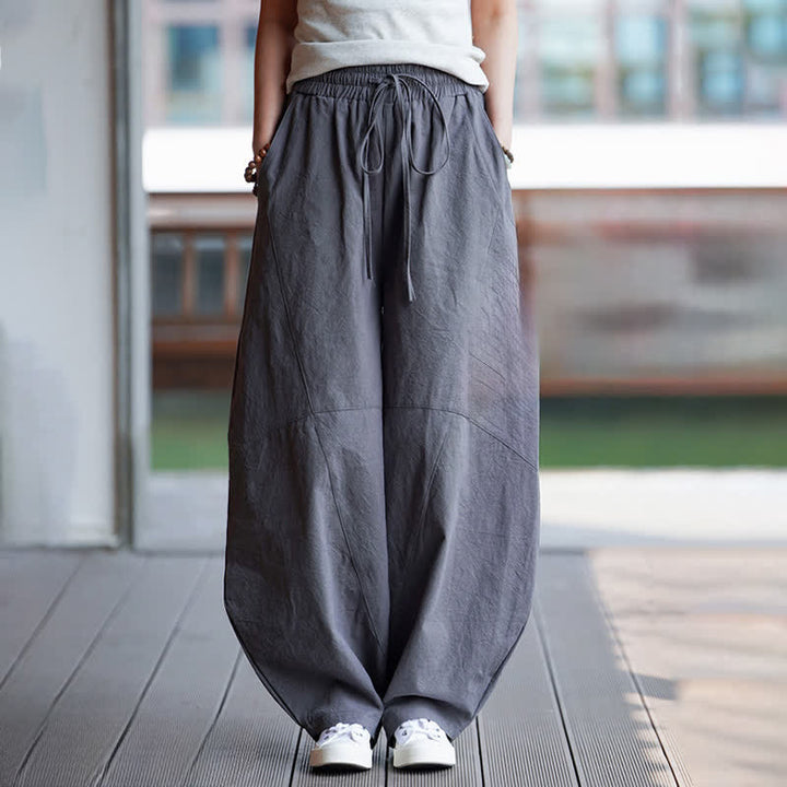 Buddha Stones Pantalon sarouel d'été décontracté en coton uni à cordon de serrage et poches - image 6