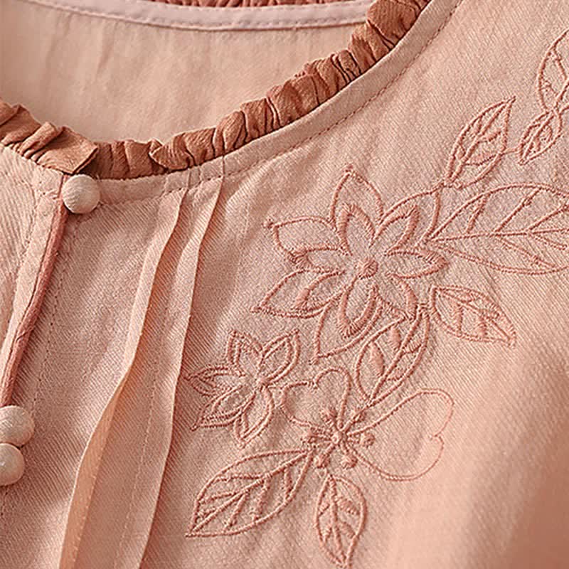 Buddha Stones Chemises à manches longues boutonnées pour femmes, style printemps-été, élégantes et décontractées, ornées de broderies florales et de feuilles. - image 4