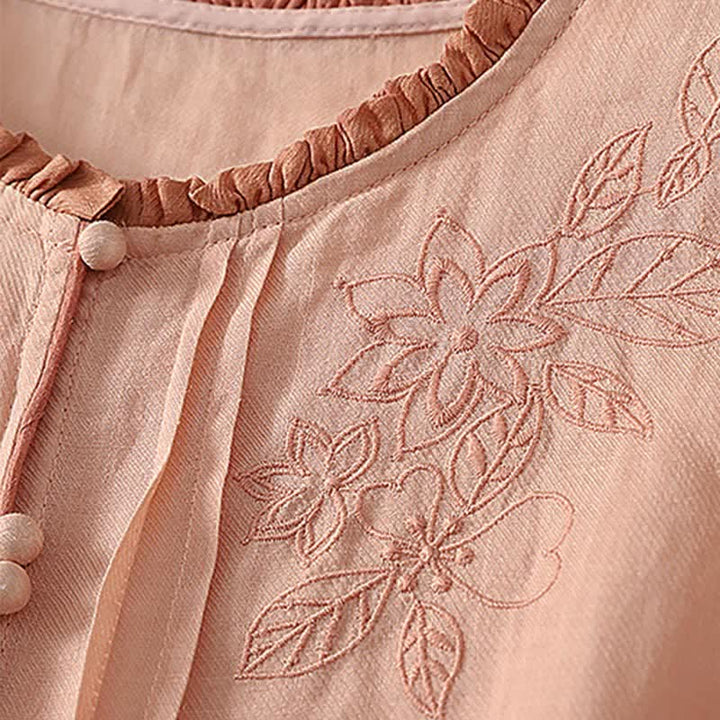 Buddha Stones Chemises à manches longues boutonnées pour femmes, style printemps-été, élégantes et décontractées, ornées de broderies florales et de feuilles. - image 4