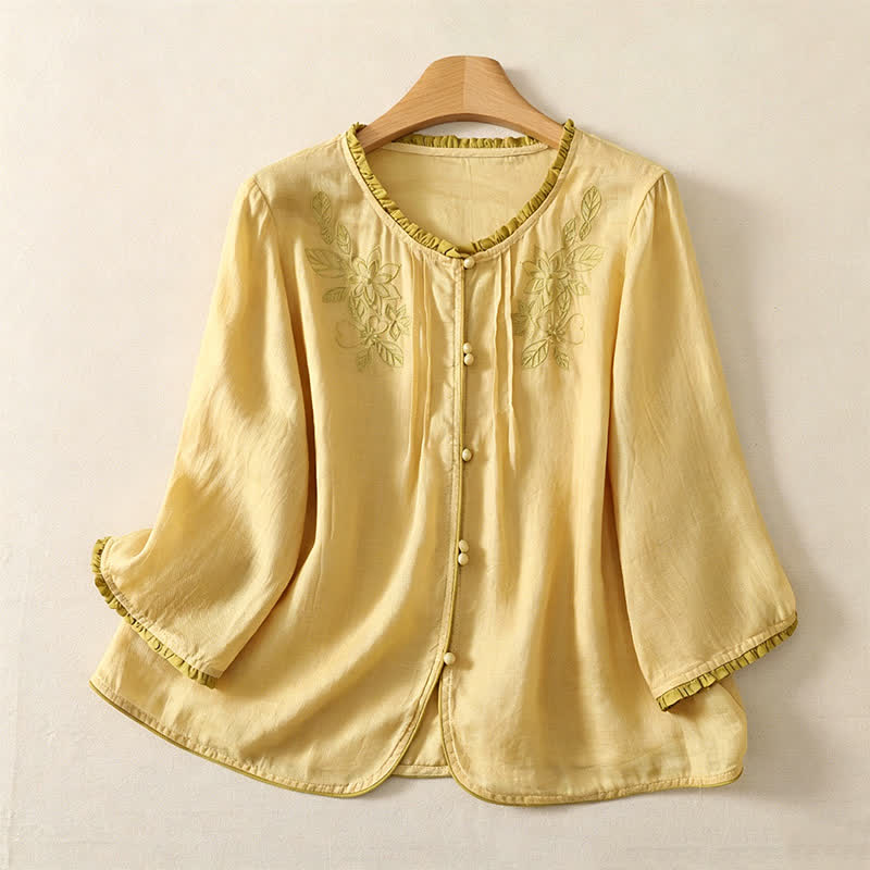 Buddha Stones Chemises à manches longues boutonnées pour femmes, style printemps-été, élégantes et décontractées, ornées de broderies florales et de feuilles. - LemonChiffon - US12, UK/AU16, EU44 (3XL) - image 8