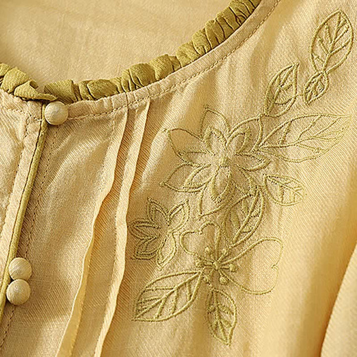 Buddha Stones Chemises à manches longues boutonnées pour femmes, style printemps-été, élégantes et décontractées, ornées de broderies florales et de feuilles. - image 10