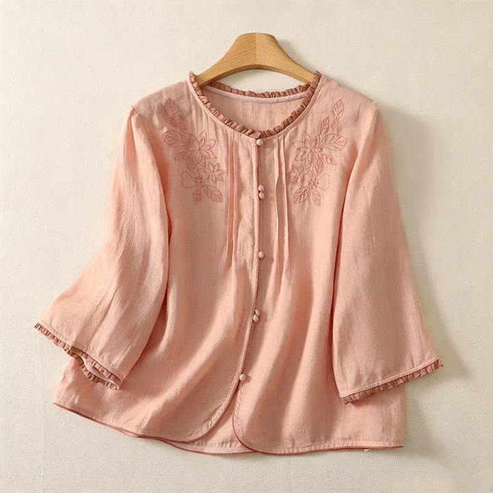 Buddha Stones Chemises à manches longues boutonnées pour femmes, style printemps-été, élégantes et décontractées, ornées de broderies florales et de feuilles. - Mocassin - US12, UK/AU16, EU44 (3XL) - image 0