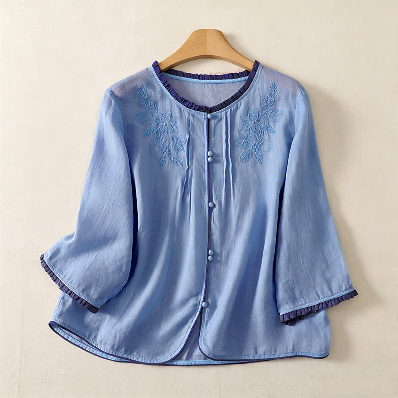 Buddha Stones Chemises à manches longues boutonnées pour femmes, style printemps-été, élégantes et décontractées, ornées de broderies florales et de feuilles. - Bleu acier clair - US12, UK/AU16, EU44 (3XL) - image 13