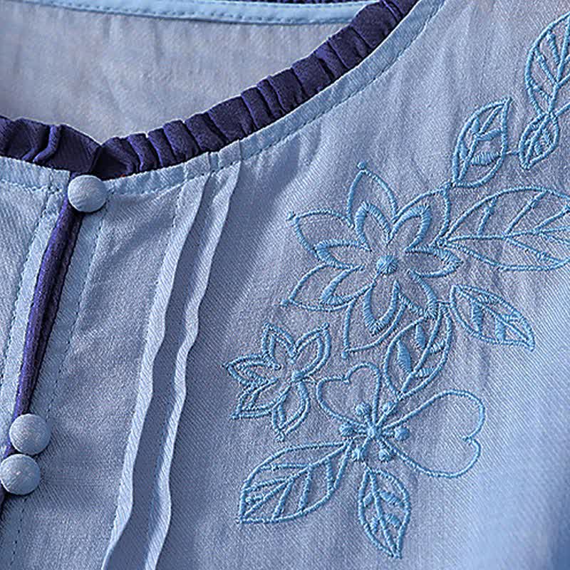 Buddha Stones Chemises à manches longues boutonnées pour femmes, style printemps-été, élégantes et décontractées, ornées de broderies florales et de feuilles. - image 15