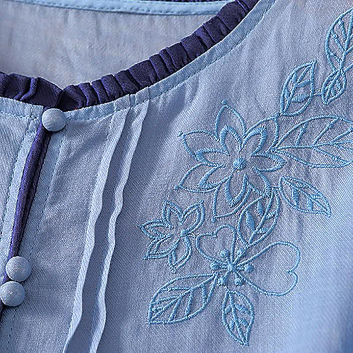 Buddha Stones Chemises à manches longues boutonnées pour femmes, style printemps-été, élégantes et décontractées, ornées de broderies florales et de feuilles. - image 15