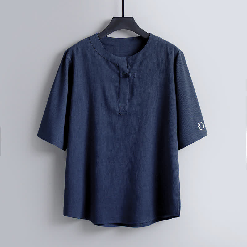 Buddha Stones Chemises à manches courtes pour hommes, style Tang décontracté, col rond, couleur unie, style Tang, été - SteelBlue - US/UK/AU54，EU64 (9XL) - image 9