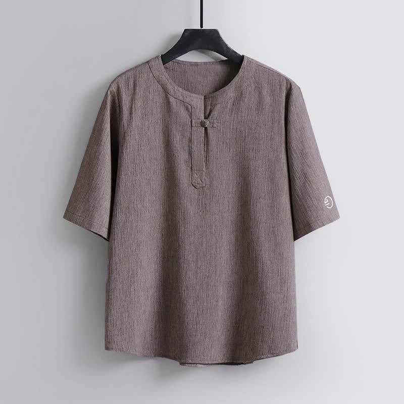 Buddha Stones Chemises à manches courtes pour hommes, style Tang décontracté, col rond, couleur unie, style Tang, été - Tanné - US/UK/AU54，EU64 (9XL) - image 0