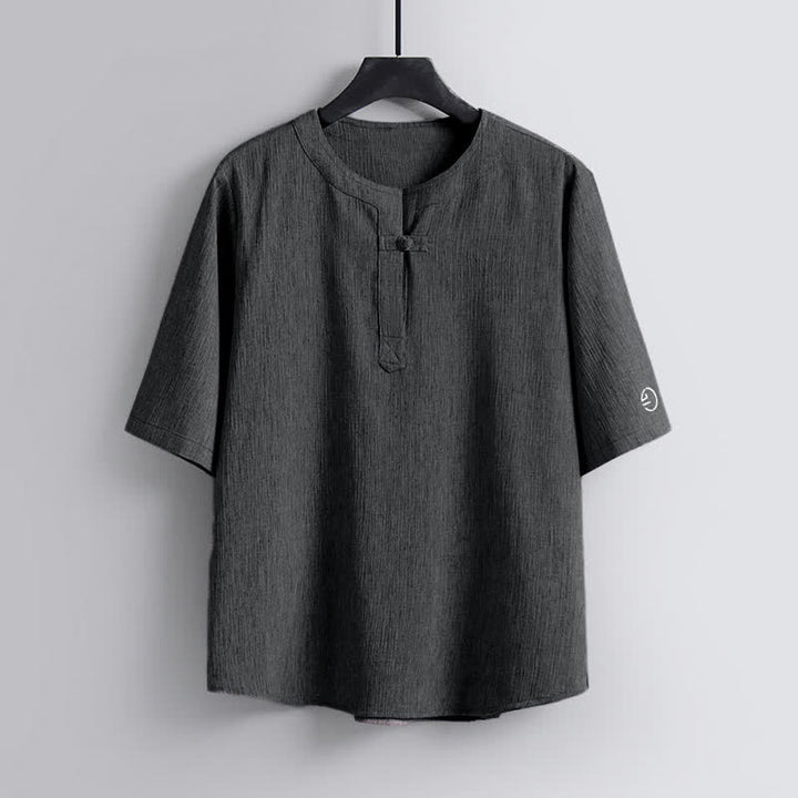 Buddha Stones Chemises à manches courtes pour hommes, style Tang décontracté, col rond, couleur unie, style Tang, été - Gris ardoise clair - US/UK/AU54，EU64 (9XL) - image 8