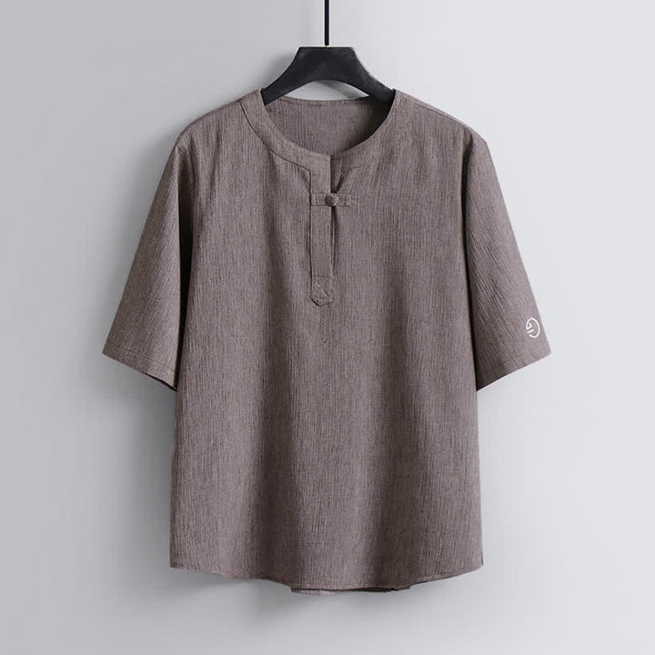 Buddha Stones Chemises à manches courtes pour hommes, style Tang décontracté, col rond, couleur unie, style Tang, été - Tanné - US/UK/AU54，EU64 (9XL) - image 0