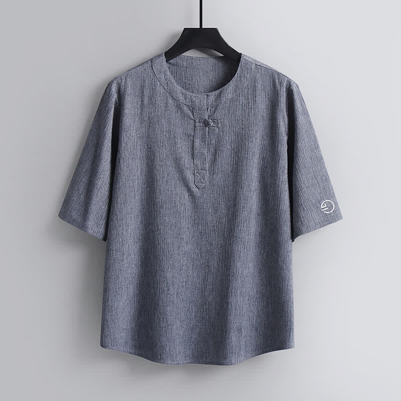 Buddha Stones Chemises à manches courtes pour hommes, style Tang décontracté, col rond, couleur unie, style Tang, été - Gris clair - US/UK/AU54，EU64 (9XL) - image 10