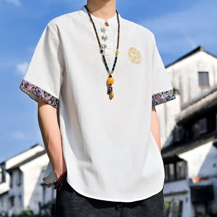 Buddha Stones Chemises à manches courtes pour hommes, style Tang, décontractées, avec boutons grenouille brodés, été - image 29