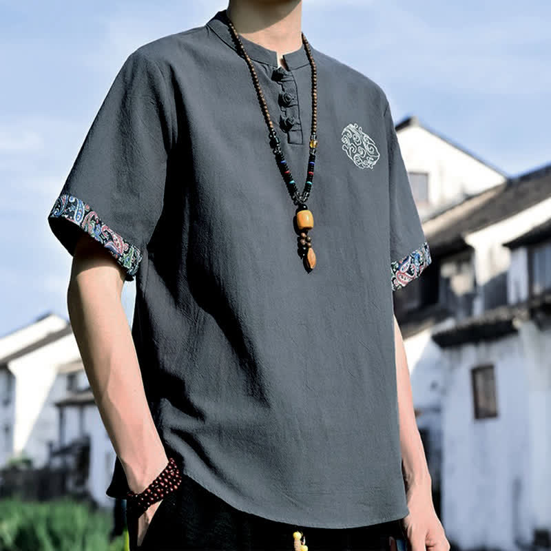 Buddha Stones Chemises à manches courtes pour hommes, style Tang, décontractées, avec boutons grenouille brodés, été - image 2