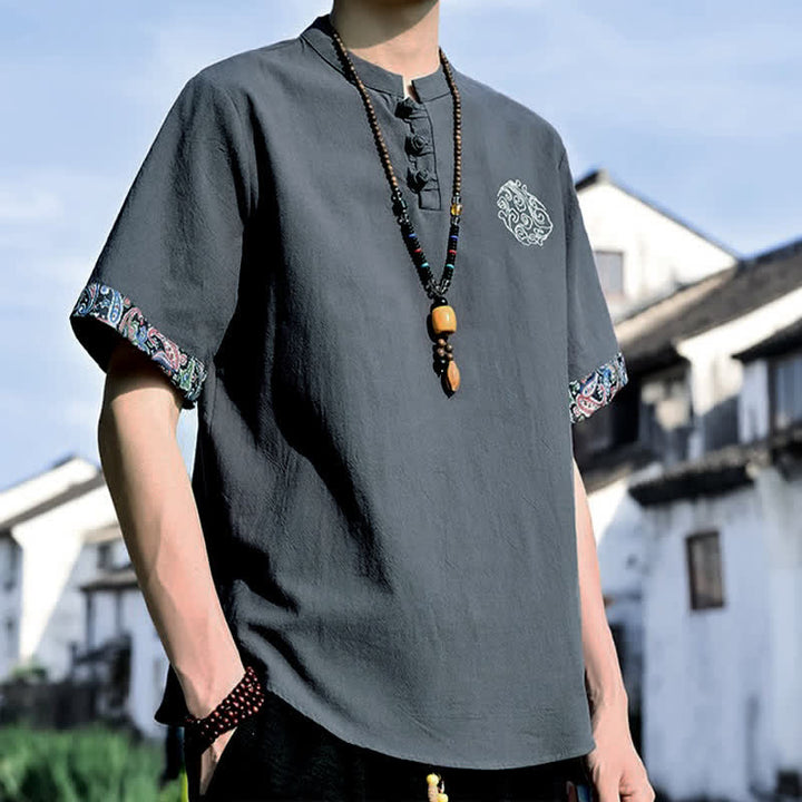 Buddha Stones Chemises à manches courtes pour hommes, style Tang, décontractées, avec boutons grenouille brodés, été - image 2