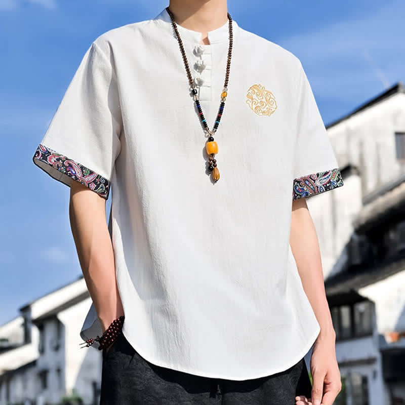 Buddha Stones Chemises à manches courtes pour hommes, style Tang, décontractées, avec boutons grenouille brodés, été - image 32