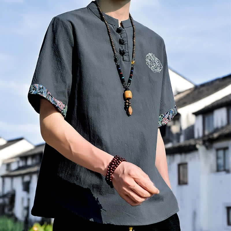 Buddha Stones Chemises à manches courtes pour hommes, style Tang, décontractées, avec boutons grenouille brodés, été - image 6