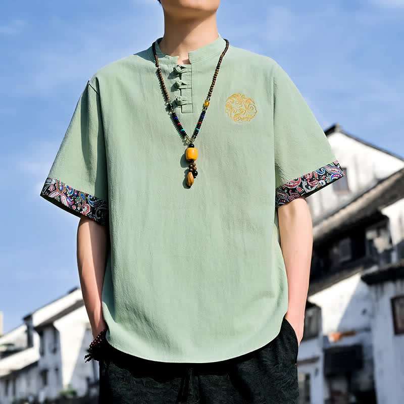Buddha Stones Chemises à manches courtes pour hommes, style Tang, décontractées, avec boutons grenouille brodés, été - image 22