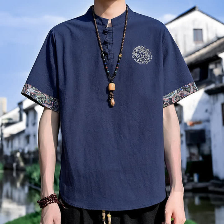Buddha Stones Chemises à manches courtes pour hommes, style Tang, décontractées, avec boutons grenouille brodés, été - image 19
