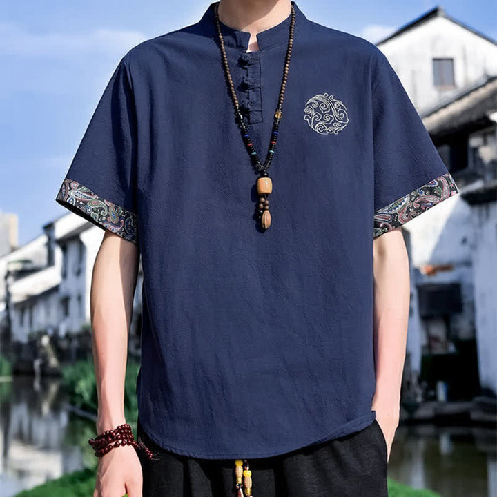 Buddha Stones Chemises à manches courtes pour hommes, style Tang, décontractées, avec boutons grenouille brodés, été - Bleu foncé - US/UK/AU46, EU56 (5XL) - image 13