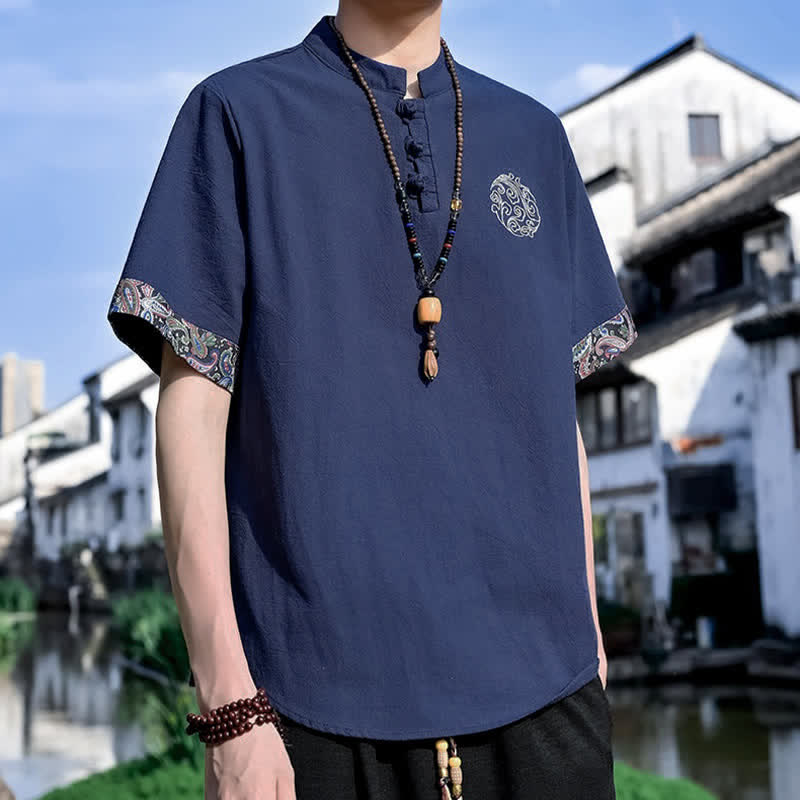 Buddha Stones Chemises à manches courtes pour hommes, style Tang, décontractées, avec boutons grenouille brodés, été - image 17