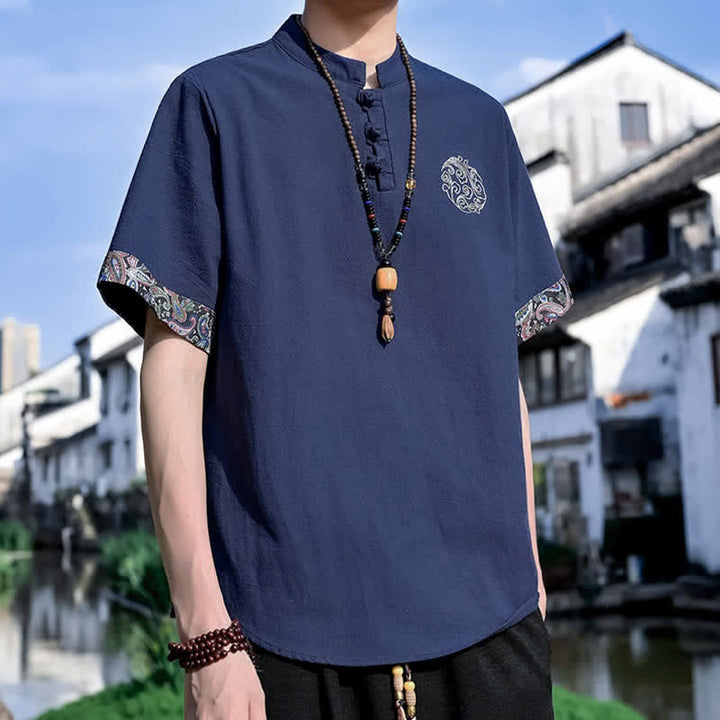 Buddha Stones Chemises à manches courtes pour hommes, style Tang, décontractées, avec boutons grenouille brodés, été - image 17