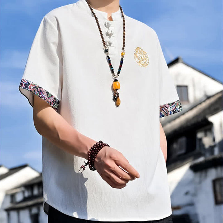 Buddha Stones Chemises à manches courtes pour hommes, style Tang, décontractées, avec boutons grenouille brodés, été - image 31