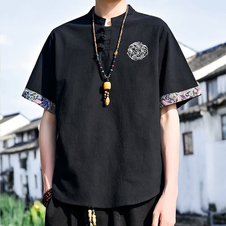 Buddha Stones Chemises à manches courtes pour hommes, style Tang, décontractées, avec boutons grenouille brodés, été - image 9