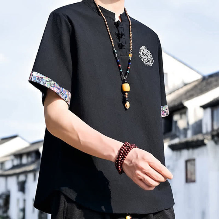 Buddha Stones Chemises à manches courtes pour hommes, style Tang, décontractées, avec boutons grenouille brodés, été - image 11