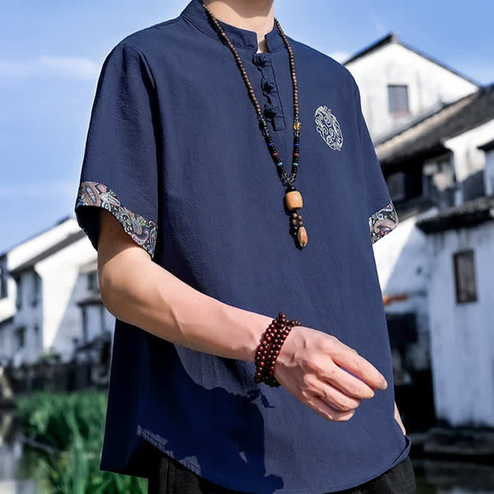 Buddha Stones Chemises à manches courtes pour hommes, style Tang, décontractées, avec boutons grenouille brodés, été - image 18