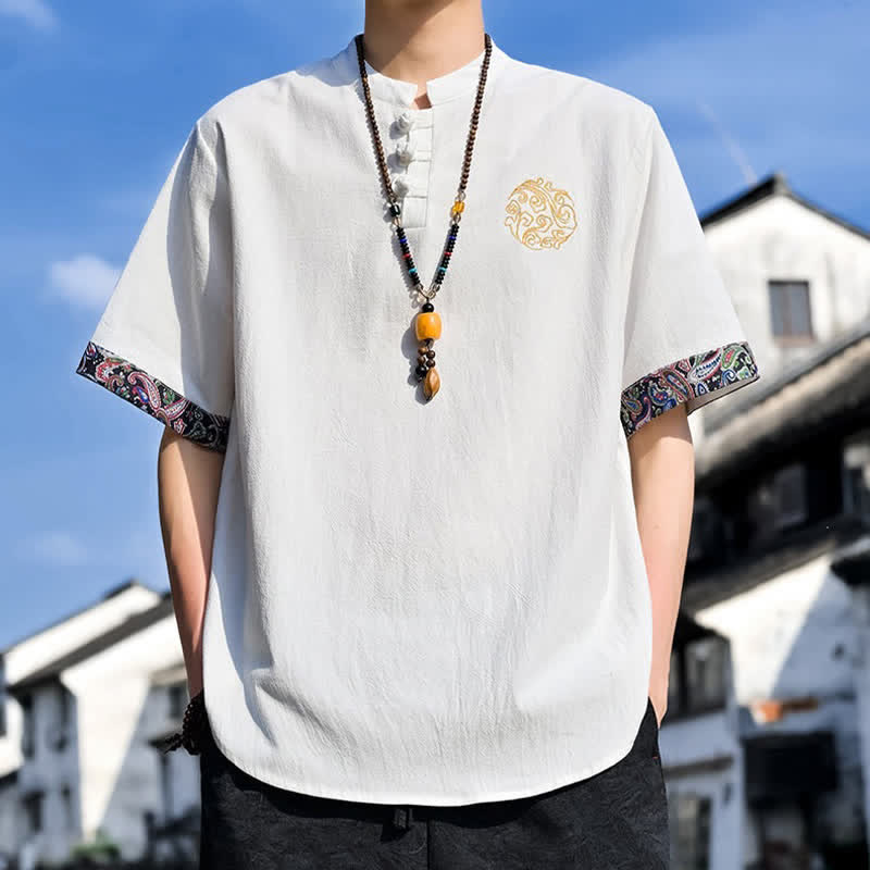 Buddha Stones Chemises à manches courtes pour hommes, style Tang, décontractées, avec boutons grenouille brodés, été - image 33