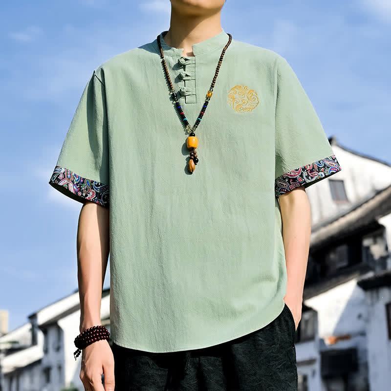 Buddha Stones Chemises à manches courtes pour hommes, style Tang, décontractées, avec boutons grenouille brodés, été - Vert clair - US/UK/AU46, EU56 (5XL) - image 20