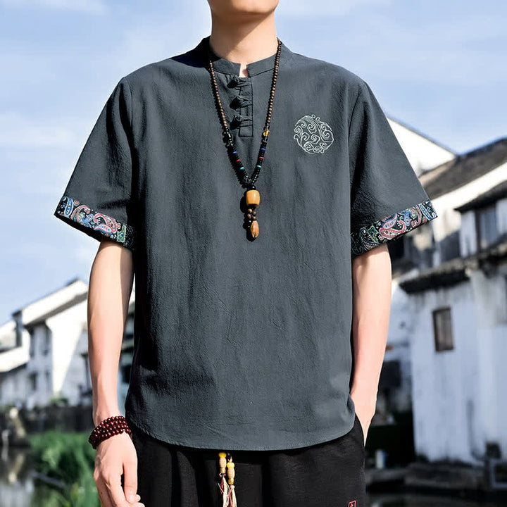 Buddha Stones Chemises à manches courtes pour hommes, style Tang, décontractées, avec boutons grenouille brodés, été - Noir - US/UK/AU46, EU56 (5XL) - image 0