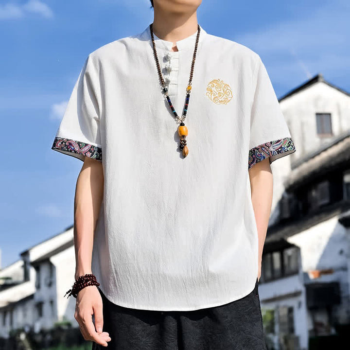 Buddha Stones Chemises à manches courtes pour hommes, style Tang, décontractées, avec boutons grenouille brodés, été - Blanc - US/UK/AU46, EU56 (5XL) - image 27