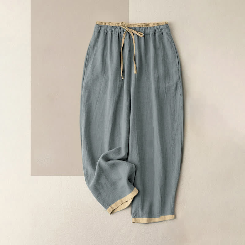 Buddha Stones Pantalon pour femme en coton et lin à taille élastique et poches, orné de finitions minimalistes contrastées. - Bleu acier clair - US16，UK/AU20，EU48 (3XL) - image 0