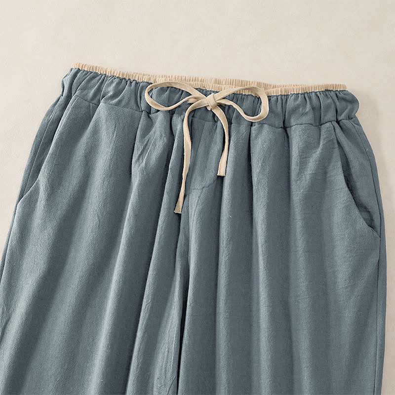Buddha Stones Pantalon pour femme en coton et lin à taille élastique et poches, orné de finitions minimalistes contrastées. - image 1